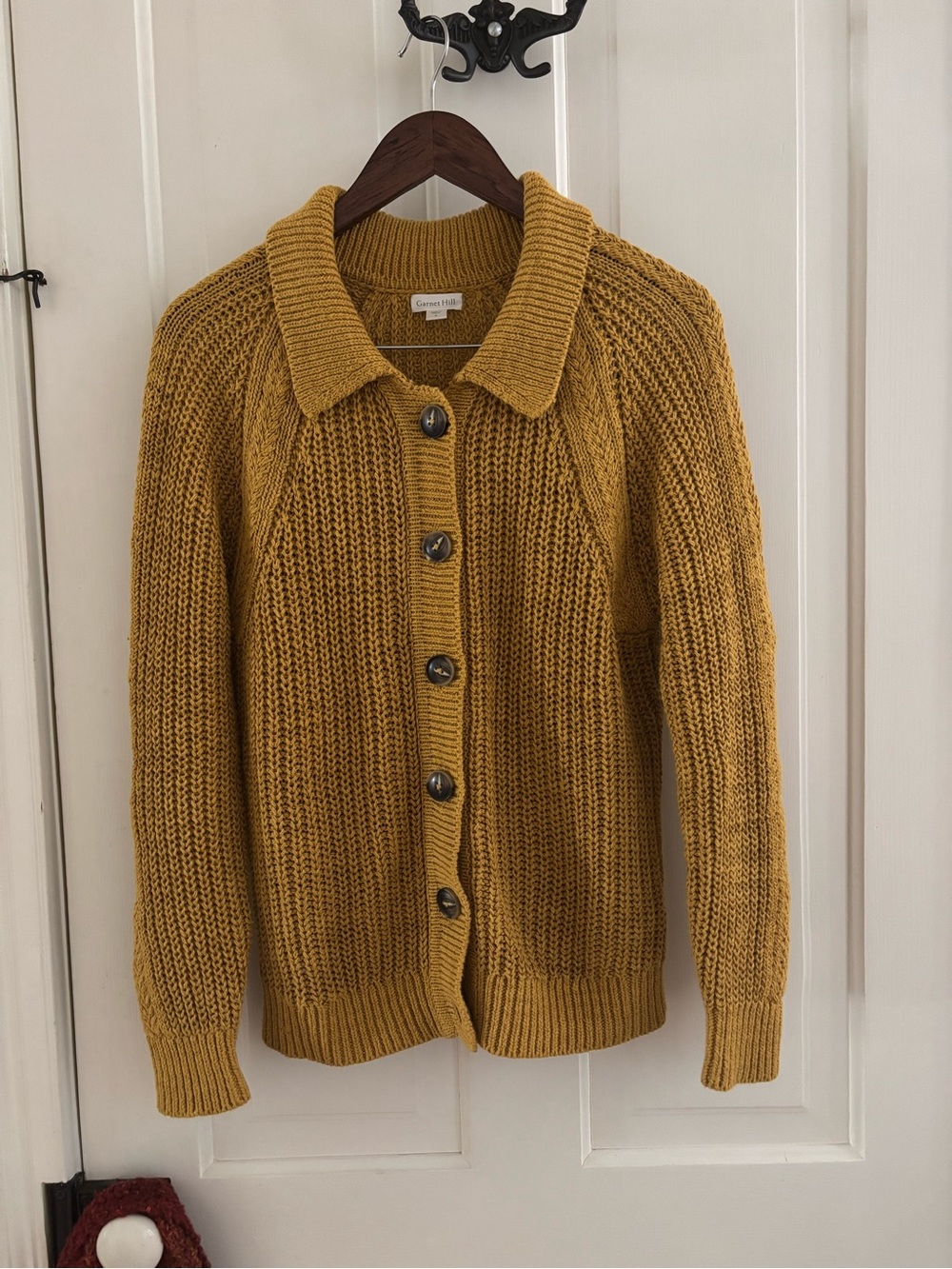 Garnet Hill Mustard/Gold Knit Button-Up Sweater Linen/Cotton Blend